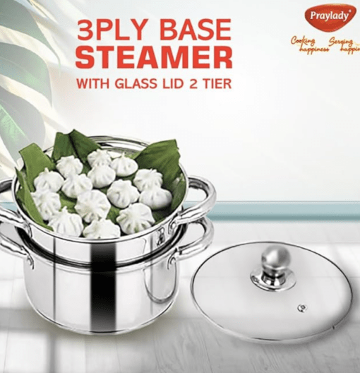 PrayLady Stainless steel 3 Ply Base Cookware Steamer Multi-Purposes Steamer Capacity - 2.0 Litre (2 Tier) (2 TIER STEAMER - 20 CM), Silver